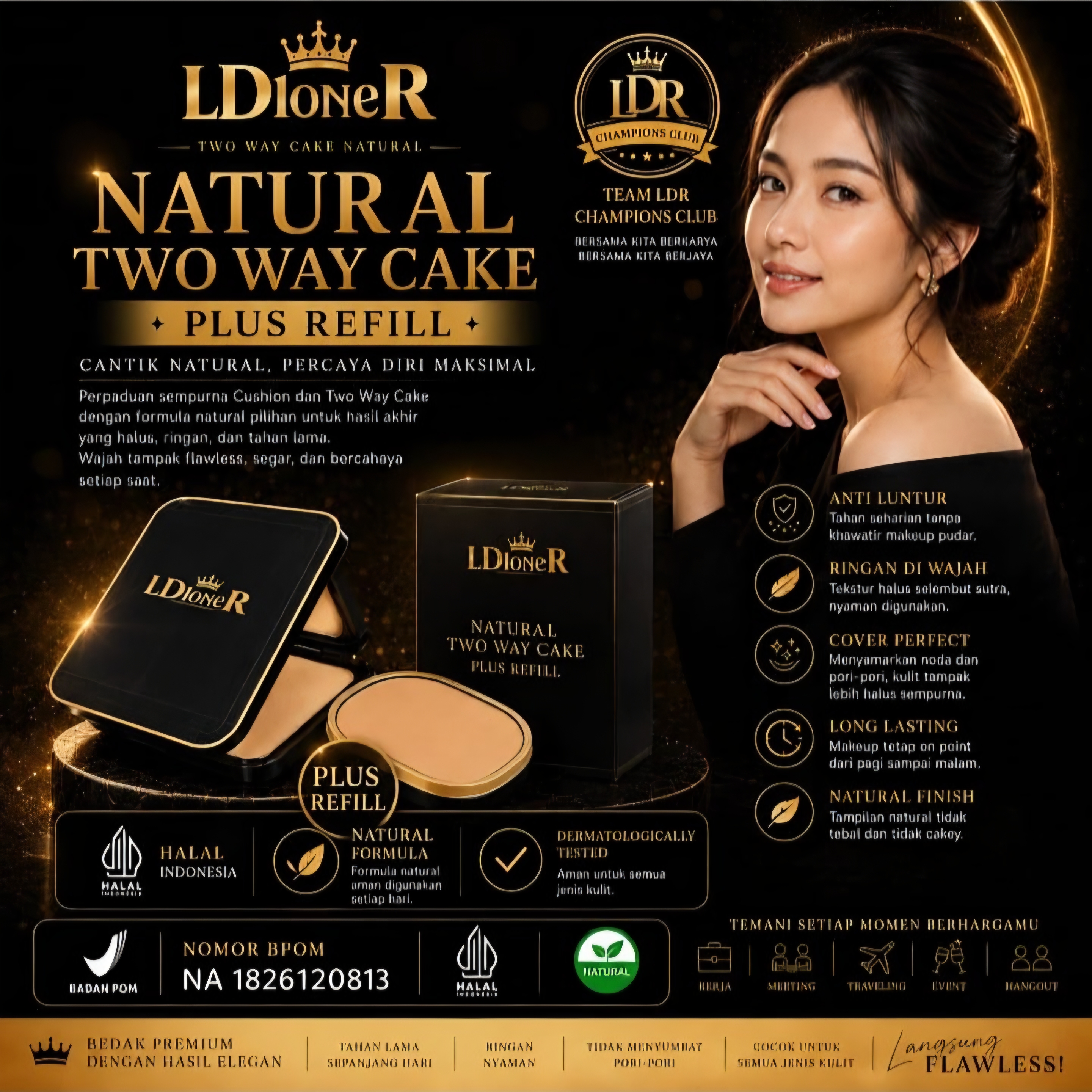 LDioneR Natural Two Way Cake Plus Refill — Bedak Padat Anti Luntur, Ringan, Hasil Natural Flawless, BPOM & Halal
