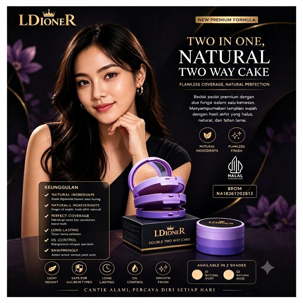 LDIONER Two In One Natural Two Way Cake - Bedak Padat Smooth Finish & Flawless Coverage